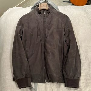 Mock neck shearling leather bomber jacket